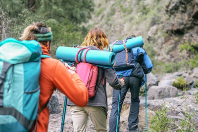 Rear view of people hiking on mountain