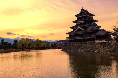 Temple by building against sky during sunset