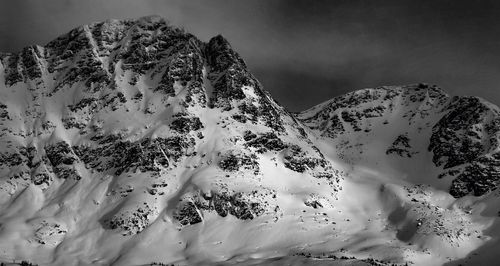 Scenic view of snow covered mountains against sky