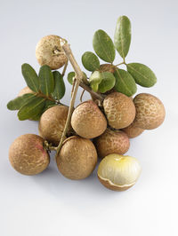 Close-up of fruits on table against white background