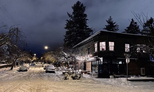 Houses by street against sky during winter