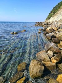 Rocks in sea against clear sky