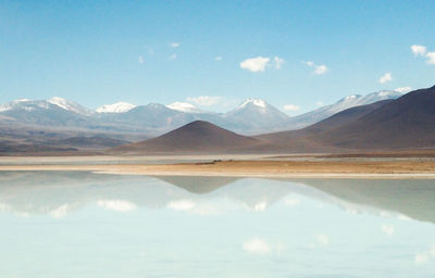 Scenic view of lake and mountains against sky