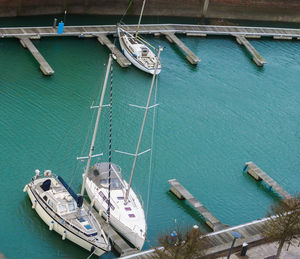 High angle view of sailboat moored in sea