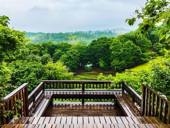 Footbridge amidst trees against sky