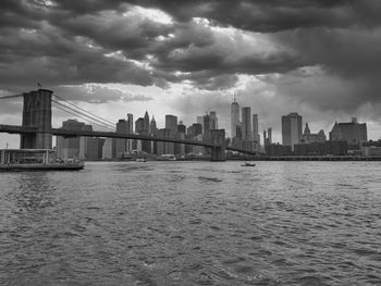 Bridge over river by buildings against sky in city