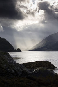 Scenic view of calm lake against cloudy sky