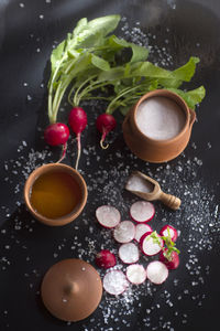 High angle view of radishes on table