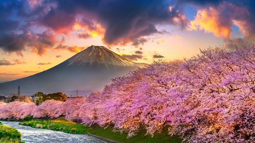 Scenic view of mountains against sky during sunset