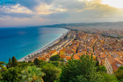 High angle view of city at seaside