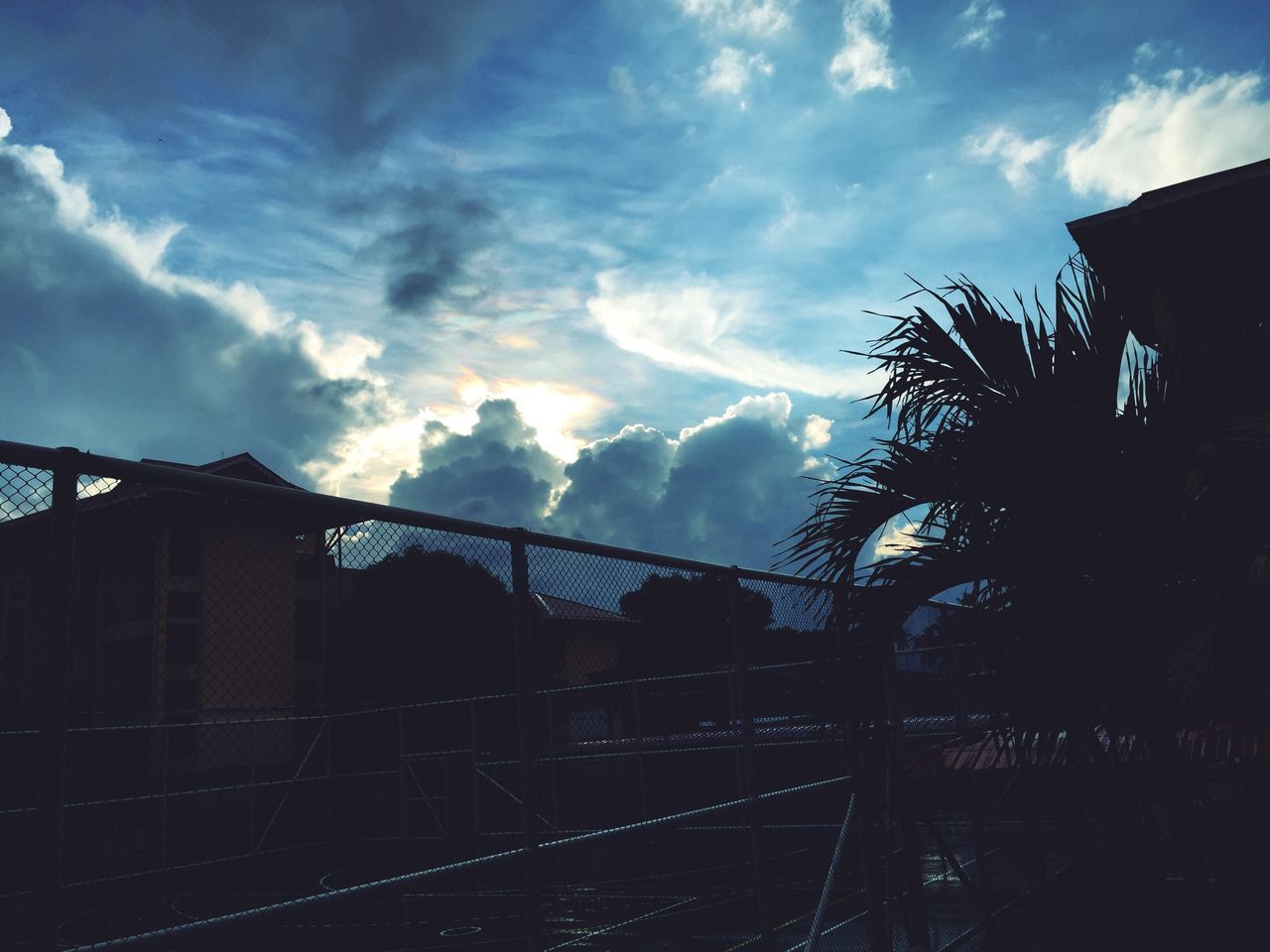 sky, cloud - sky, fence, low angle view, chainlink fence, no people, tree, outdoors, silhouette, architecture, nature, day