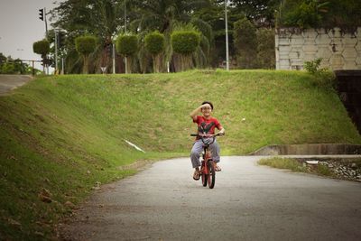 Child boy on a bicycle in the tropical forest. boy cycling outdoors.