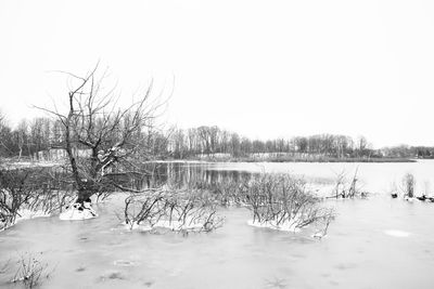 Frozen lake against clear sky during winter