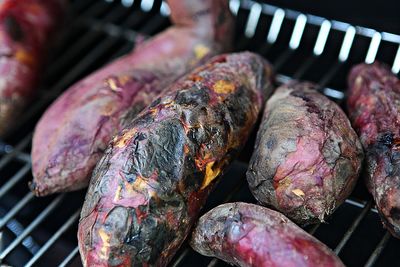 High angle view of meat on barbecue grill