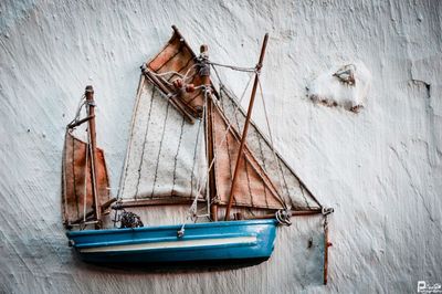 Close-up of old boat against wooden wall