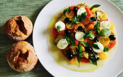 High angle view of breakfast served on table