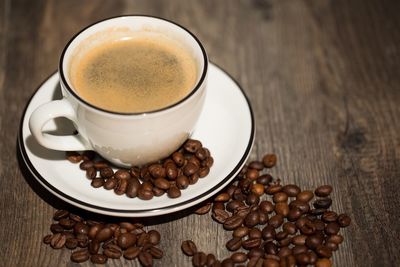 High angle view of coffee cup on table