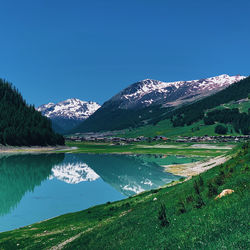 Scenic view of lake by mountains against blue sky