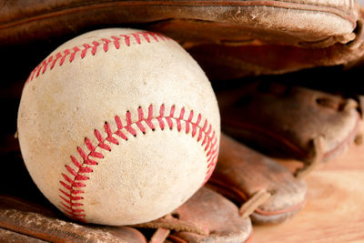 Close-up of baseball in glove
