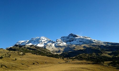 Scenic view of snowcapped mountains against clear sky