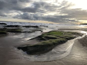 Scenic view of beach against sky during sunset