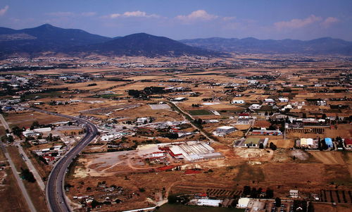 High angle shot of built structures on landscape