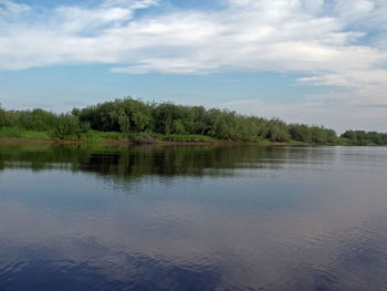 Scenic view of lake by trees against sky