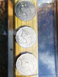 Close-up of coins on window