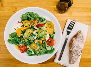 High angle view of breakfast served on table