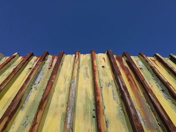 Low angle view of roof against clear blue sky