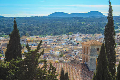 High angle view of buildings in town