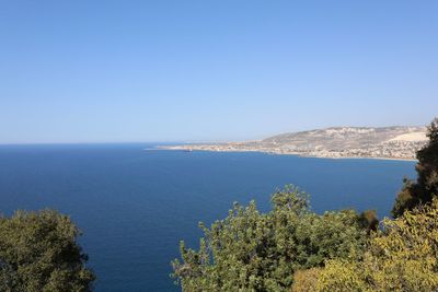 Scenic view of sea against clear blue sky