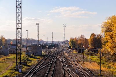 Train on railroad tracks against sky