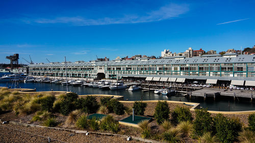 View of buildings against blue sky