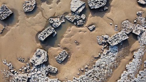 High angle view of footprints on beach
