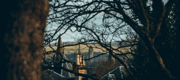 High angle view of bare trees and buildings against sky