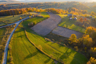 Aerial picture of a countryside village road, agricultural fields, forest. transylvania, romania