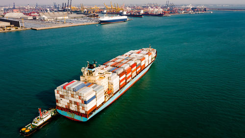 High angle view of ship in sea