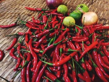High angle view of red chili peppers