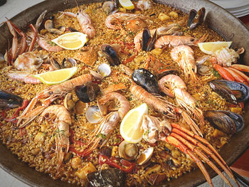 High angle view of seafood on table