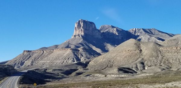 Scenic view of snowcapped mountains against clear blue sky