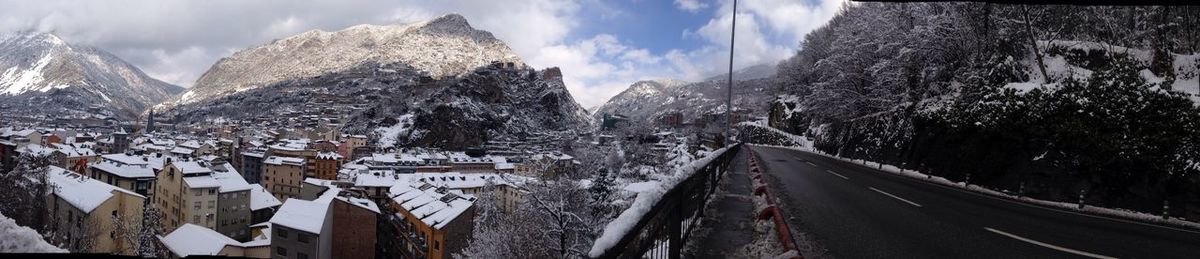 Panoramic view of snowcapped mountains against sky