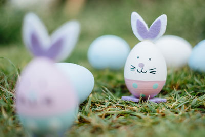 Close-up of colorful easter eggs on field