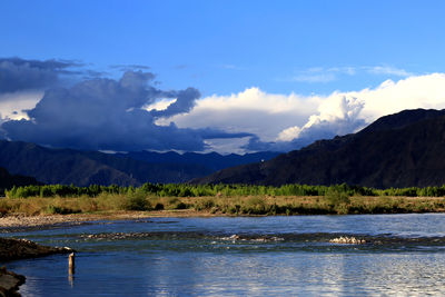 Scenic view of lake and mountains against sky
