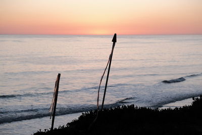 Silhouette person on beach against sky during sunset