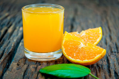 Close-up of orange juice on table