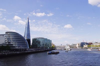 Boats in river against sky in city