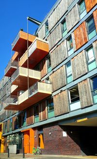 Low angle view of buildings against clear sky