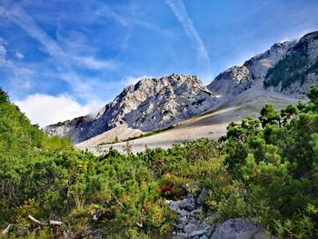 Scenic view of land and mountains against sky
