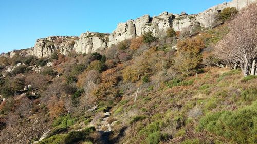 Low angle view of rocks against clear sky